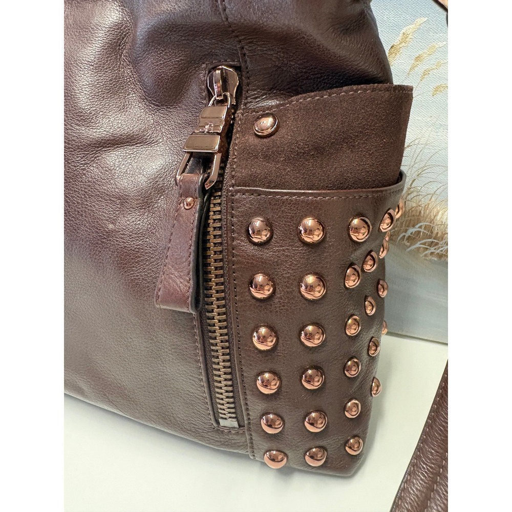 B. Makowsky Brown Leather Studded Crossbody Bag Rose Gold Hardware Pocket - Picture 2 of 12